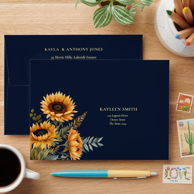 Enveloppe tournesol rustique bleu marine mariage de automne (Desk)