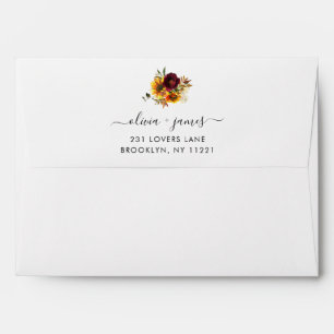 Enveloppe Tournesol Rustique Bourgogne Floral Rose Aquarelle