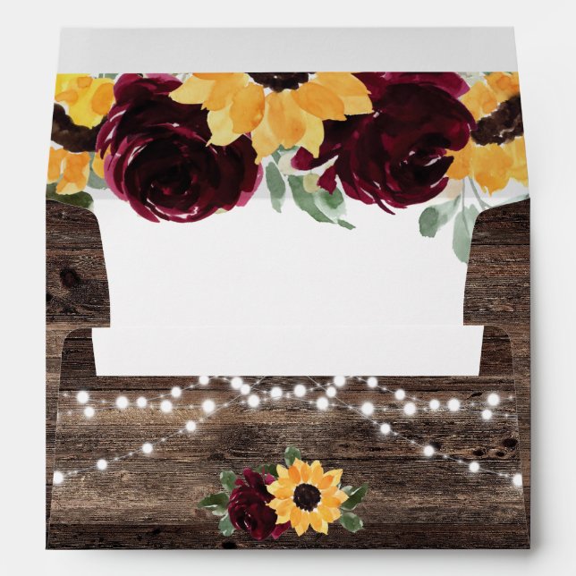 Enveloppe Tournesol rustique et Rose Mariage en bois de gran (Dos (Bas))