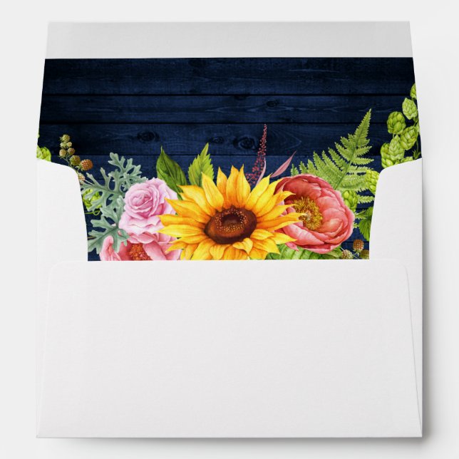 Enveloppe Tournesol rustique Mariage en bois bleu (Dos (Bas))