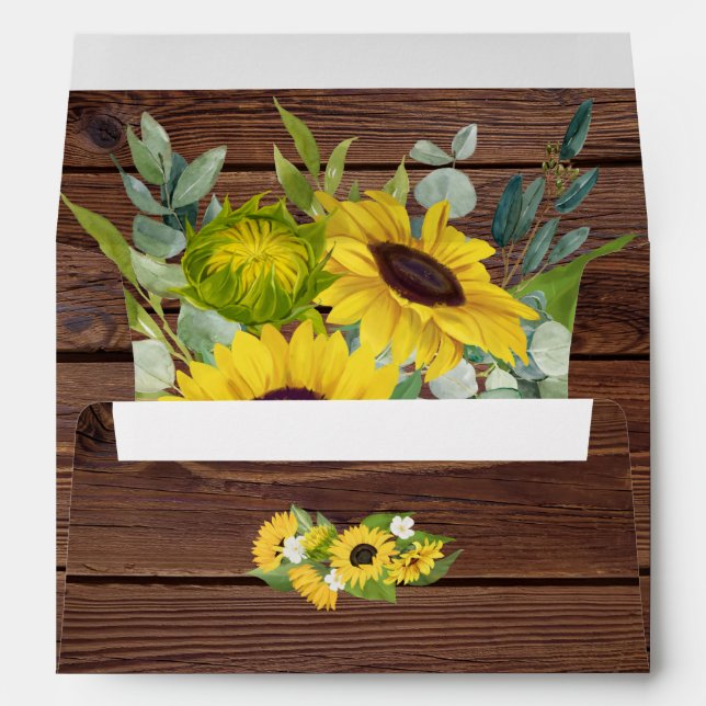 Enveloppe Tournesols en bois rustique et Mariage d'eucalyptu (Dos (Bas))