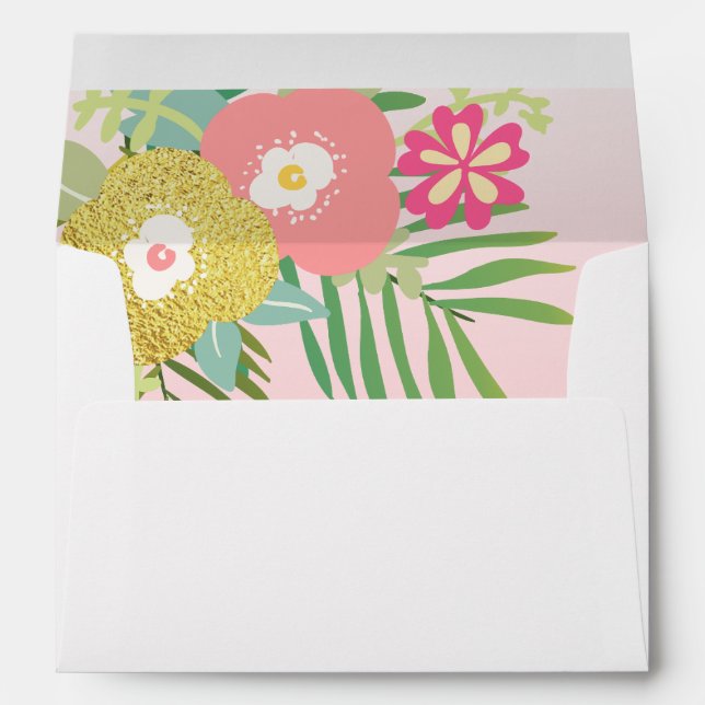 Enveloppe tropicale fille Anniversaire rose or flo (Dos (Bas))