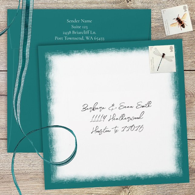 Enveloppe Turquoise bleu Faire-part de mariage préadressé (coastal teal blue turquoise square invitation envelope with address printed on back flap)