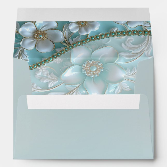 Enveloppe turquoise de fleurs blanches (Dos (Bas))