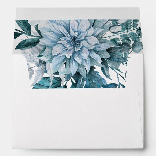 Enveloppe Turquoise, fleurs d'aqua dalia et mariage feuille (Dos (Bas))
