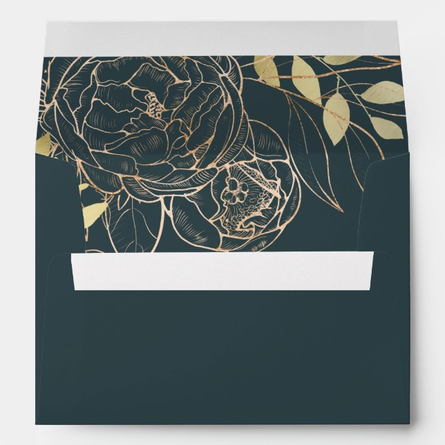 Enveloppe Turquoise foncé & Faux Gold Peony Moderne Floral M (Dos (Bas))