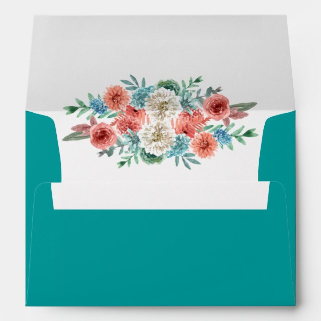 Enveloppe Turquoise romantique | Pêche Mariage floral (Dos (Bas))