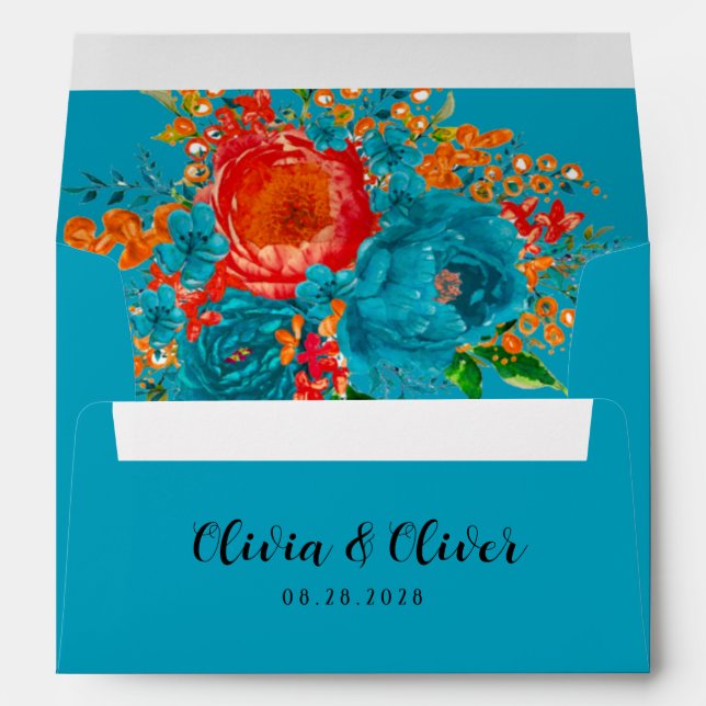 Enveloppe Turquoise rouge orange Mariage botanique (Dos (Bas))