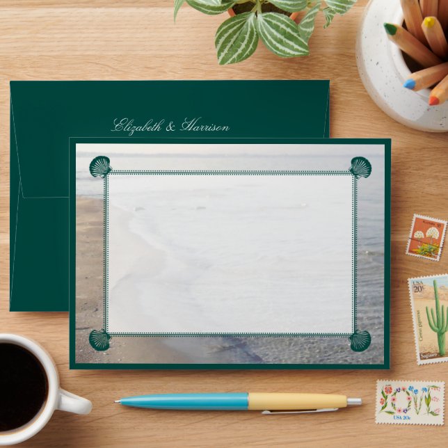 Enveloppe Turquoise Saint Jacques, Mariage plage (Desk)