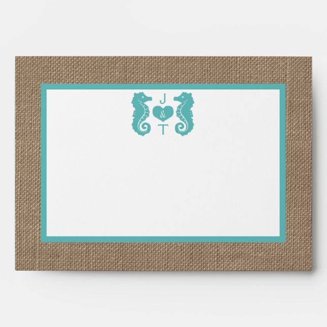 Enveloppe Turquoise Seahorse Burlap Beach Wedding Collection (Devant)