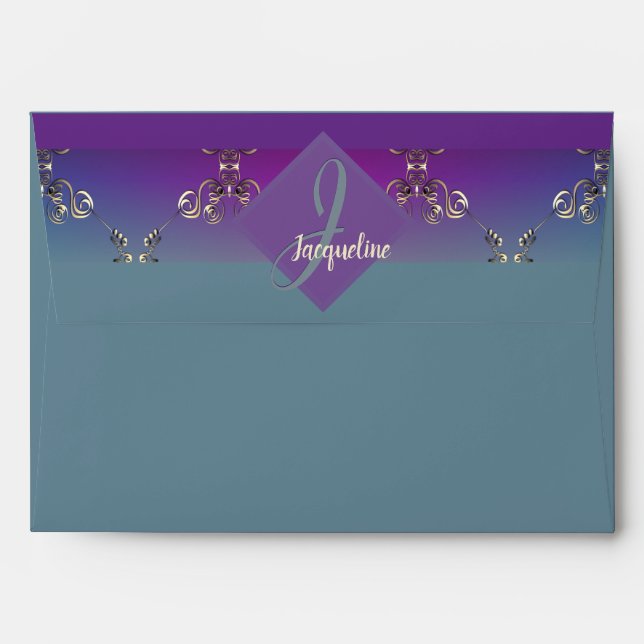 Enveloppe Turquoise violet ornée personnelle (Dos (Haut rabat))