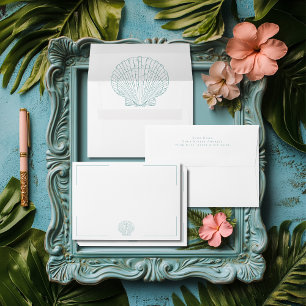 Enveloppe Typographie minimale Aqua & White Shell Mariage