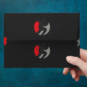 Enveloppe un logo noir et rouge avec une personne au centre