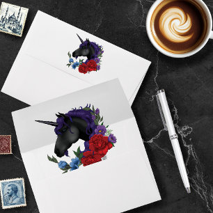 Enveloppe Unicorne noire violet Fleurs de Sage Rouge