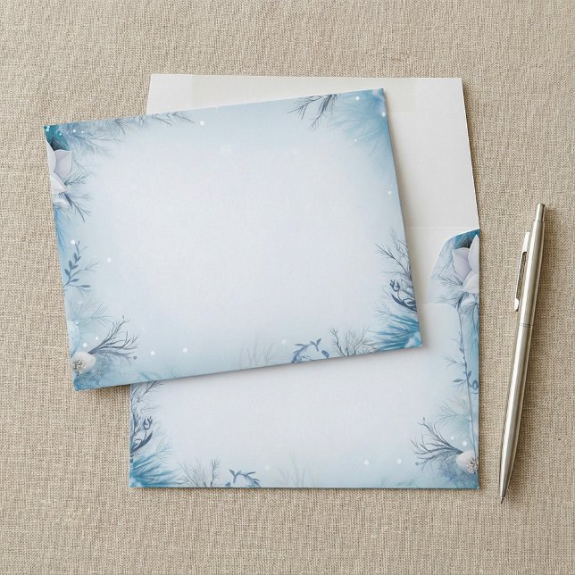 Enveloppe Vacances glacées hiver bleu glacé (Frosty winter blue icy snowy holidays envelope.)