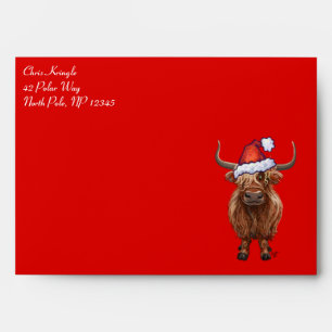 Enveloppe Vache Highland à Santa Hat sur Red