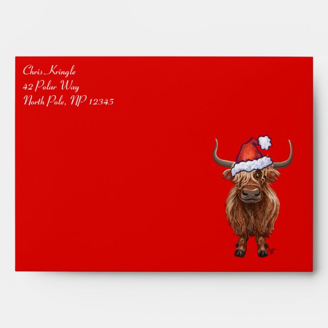 Enveloppe Vache Highland à Santa Hat sur Red (Devant)