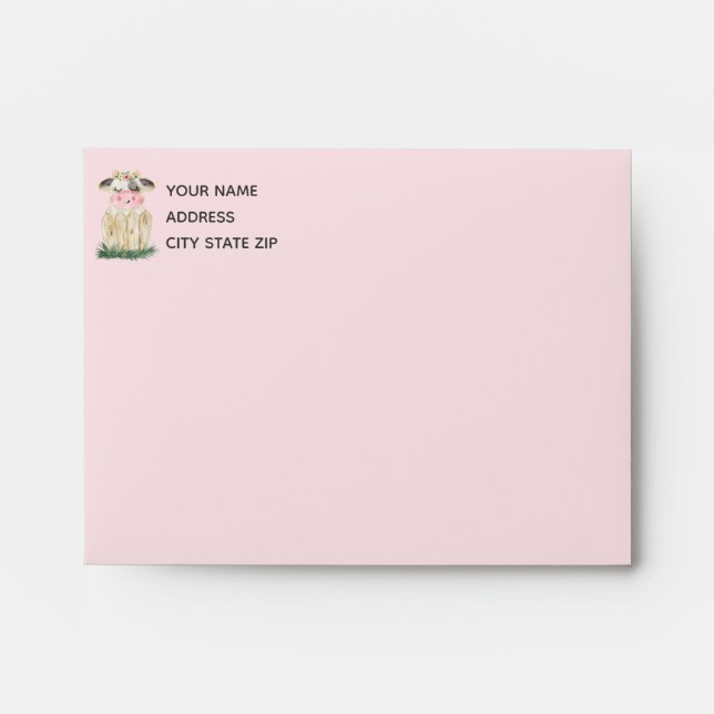 Enveloppe Vache rose gris fête d'anniversaire (Devant)