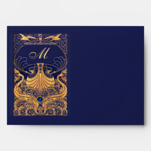Enveloppe Vaisseau antique, Dauphins, Or, Monogramme bleu ma