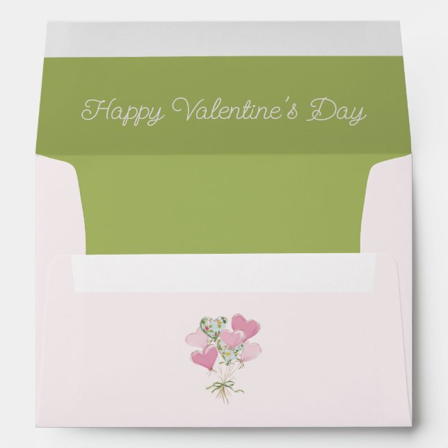 Enveloppe Valentine's Heart Pink and Green Heart Balloons (Dos (Bas))