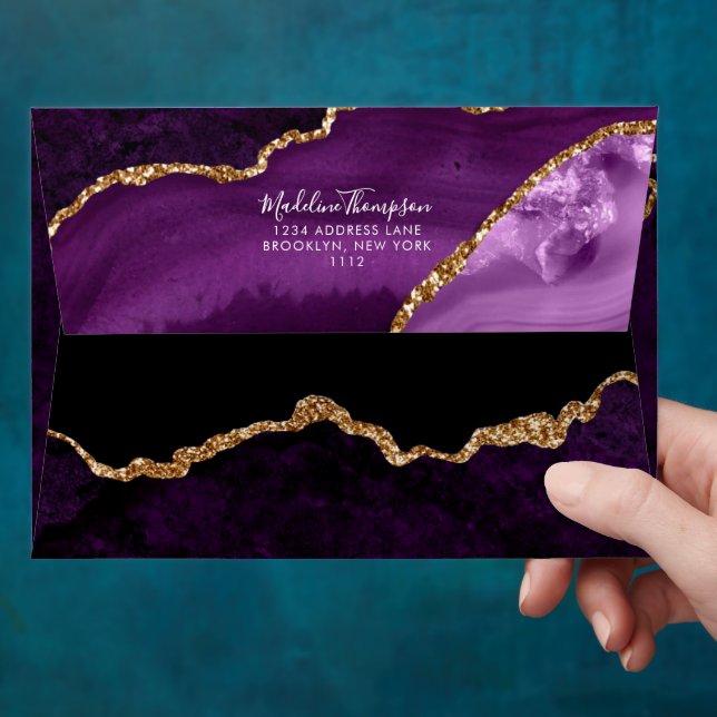 Enveloppe Velvet Purple Gold Agate Géode Adresse Script (Hand)