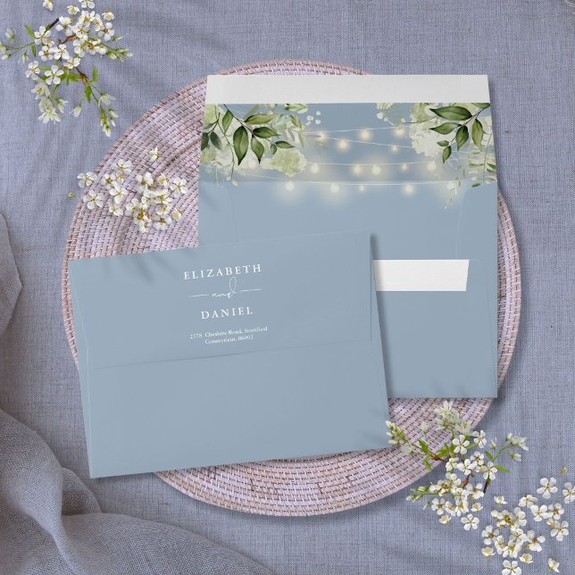Enveloppe Verdure String Lights Dusty Blue Adresse de retour (Greenery String Lights Dusty Blue Return Address Envelope)