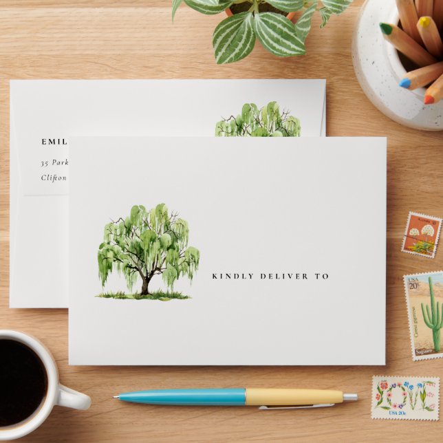 Enveloppe Vert Aquarelle Willow Tree Ferme Mariage (Desk)