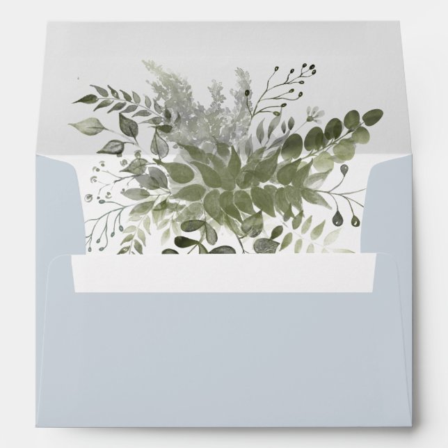 Enveloppe Vert d'eucalyptus à l'aquarelle bleu poussiéreux (Dos (Bas))