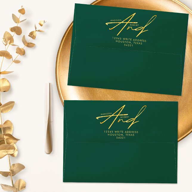 Enveloppe Vert Émeraude Or Typographie Moderne Mariage (Créateur téléchargé)
