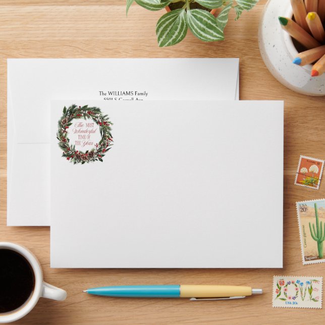 Enveloppe Vert et rouge moderne Aquarelle Noël (Desk)