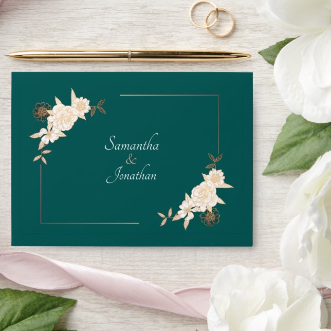 Enveloppe Vert foncé avec Mariage Rose crème (Wedding)