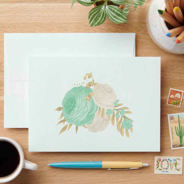 Enveloppe vert menthe et fleurs blanches or fleuri mariage (Desk)