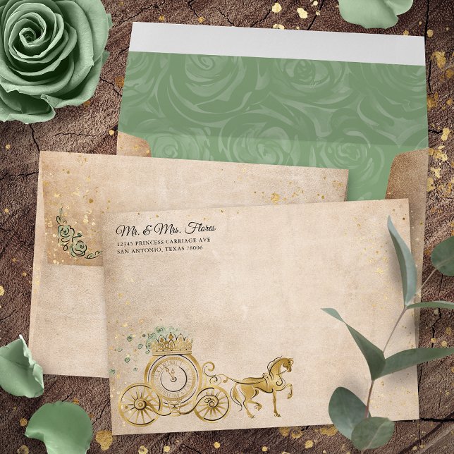 Enveloppe Vert sauge doré, Papeterie de princesse avec adres (Sage green and gold princess carriage invitation envelopes to bring your fairy tale to life!)