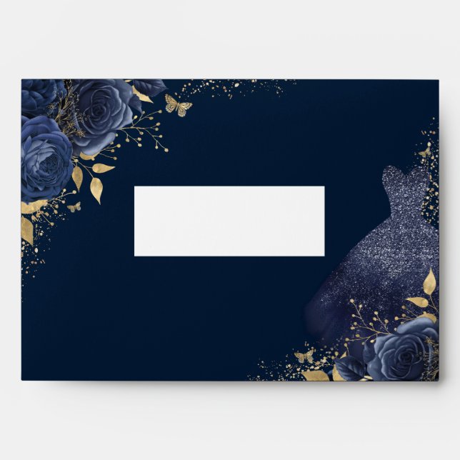 Enveloppe Vêtements et fleurs bleu marine Invitation étincel (Devant)