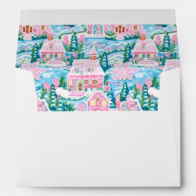 Enveloppe Village de Noël rose et bleu de Preppy (Dos (Bas))