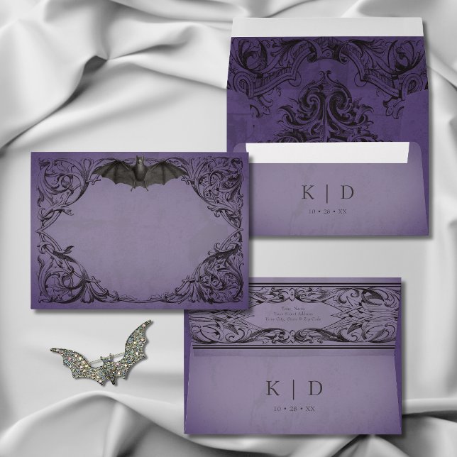 Enveloppe Vintage chauve-souris jusqu'à la mort violet Maria (Vintage Bat Until Death Purple Wedding Envelope)