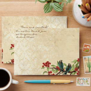 Enveloppe Vintage Damask Inséparables Red Floral Branch