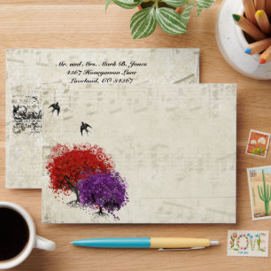 Enveloppe vintage de feuille de coeur rouge pourpr