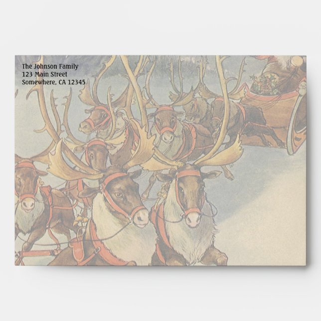 Enveloppe Vintage Noël Père Noël Sleigh avec Reindeer (Devant)