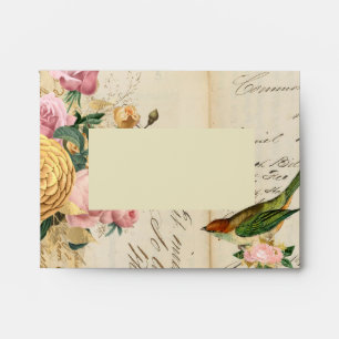 Enveloppe Vintage roux et roses d'or avec chant oiseau envel