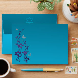 Enveloppe Violet, Turquoise Floral, Papillons Bat mitzvah