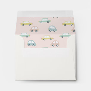 Enveloppe Voiture rose avec Fille Ballons