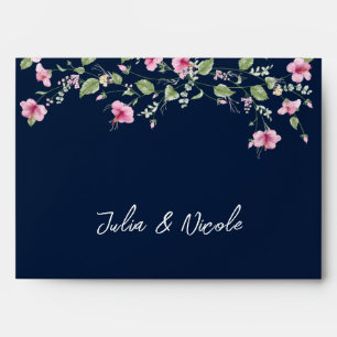 Enveloppe Wedding shower en fleur d'Hibiscus rose bleu marin