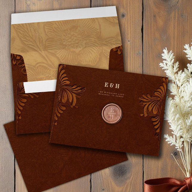 Enveloppe Western Tooled Rustic Terracotta Cream Wedding (country rustic cowboy wedding envelope faux tooled leather terracotta rust copper western barn)