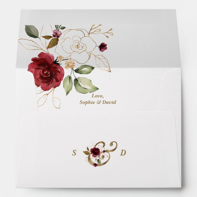 Enveloppe Whimsical Bourgogne Gold Flowers Monogramme Mariag (Dos (Bas))
