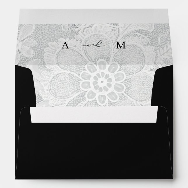 Enveloppe White Lace Monogram Elegant Black Wedding (Dos (Bas))
