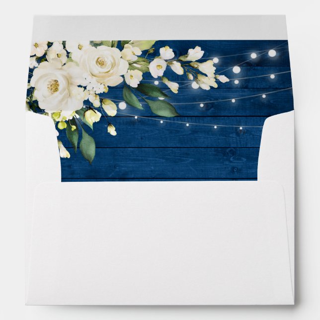Enveloppe White Roses Marine Blue Wood Lanterne pour carte 5 (Dos (Bas))