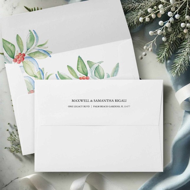 Enveloppes 5x7 pour aquarelle de Noël (Christmas return address envelopes watercolor botanical art by Victoria Grigaliunas Do Tell A Belle)