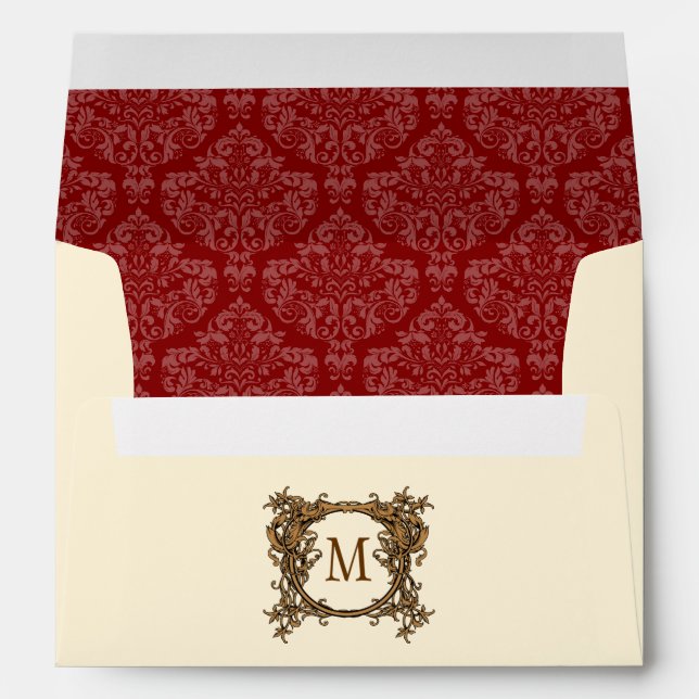 Enveloppes A7 Crème & Cimetière Florale Rouge Damask Monogram (Dos (Bas))