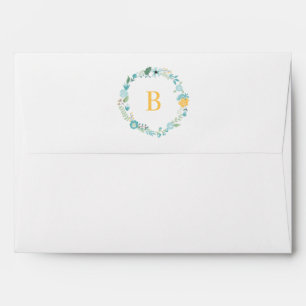 Enveloppes Aqua et Yellow Monogramme Floral Wreath